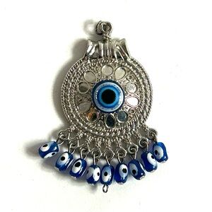 Evil Eye Silver Tone Pendant with Dangling Beads